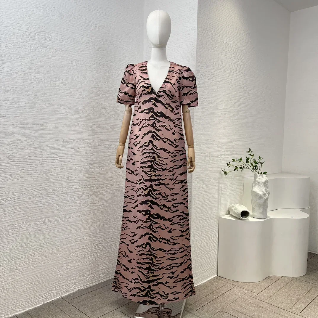 

Pink Leopard Print Short Sleeve Maxi Dress Casual Party Style 2024 Latest Vintage High Quality Clothing for Women