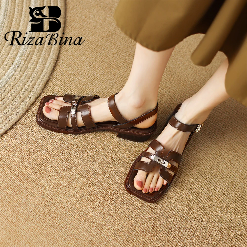 

RIZABINA Women Sandals Genuine Leather Vintage Square Toe Thick Heel Platform Shoes Lady Summer Beach Buckle Strap Casual Pumps