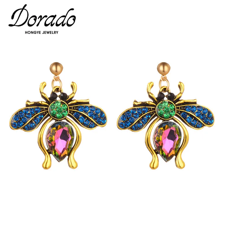 

Dorado New Retro Bee Animal Drop Earrings For Women Colorful Zircon Punk Metal Brincos Jewelry Bijoux Statement Wholesale
