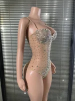 Glamorous Nude Sparkly Rhinestones Pearl Bodysuit See Through Leotard Bar DJ Singer Team Jazz Dance Stage Wear Nightclub Stage - Image 6