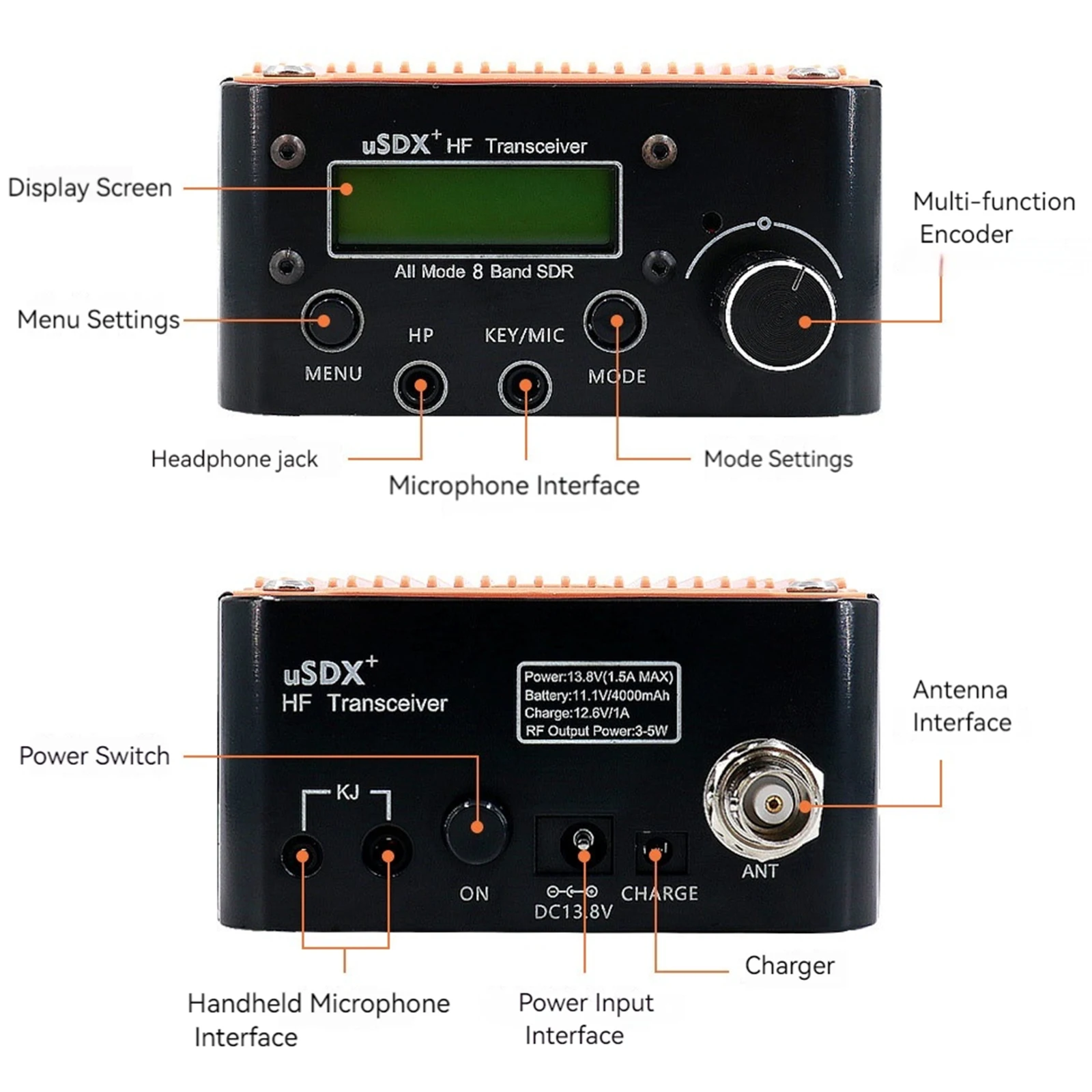 USDX+ Plus V2 8-Band Full-Mode Transceiver with LCD Screen Speaker HF Transceiver CW Auto-Decoding Support for SDR SSB and QRP
