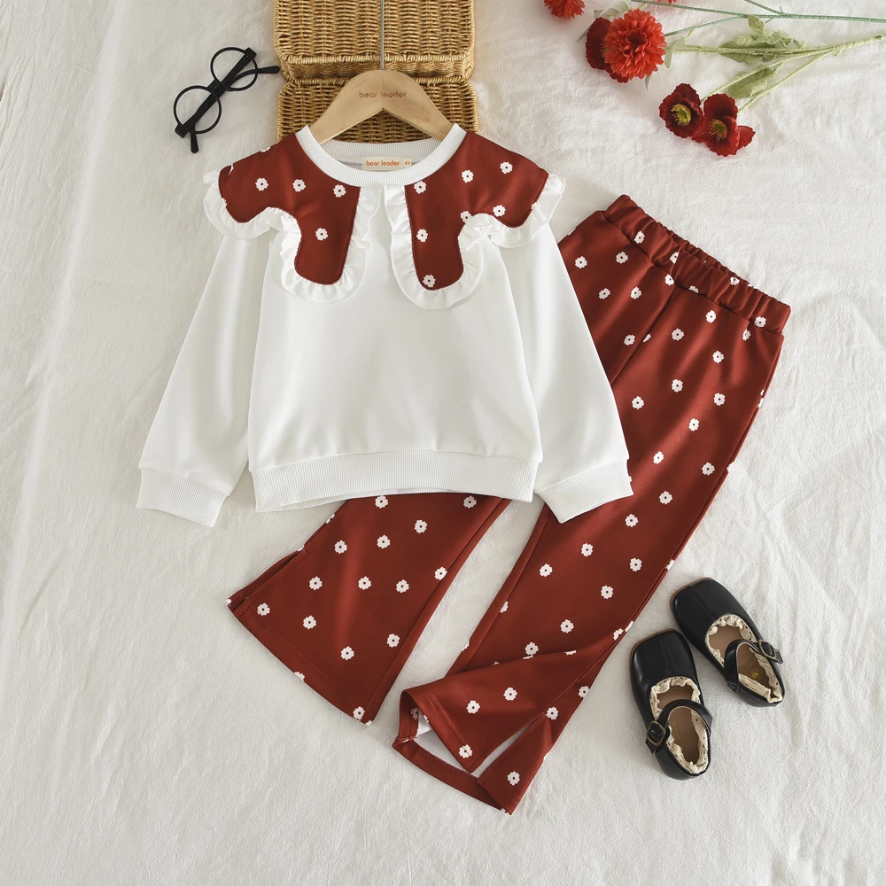 Menoea Langarm Herbst und Winter Neues Zweiteiliges Mädchen-Set mit großem Revers, plissiertem Streifenoberteil + Schlaghose – Detail 28