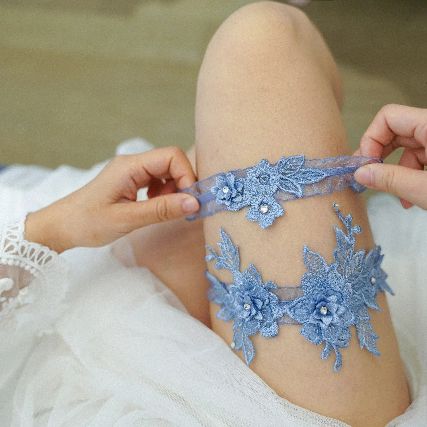 

2Pcs/set Lace Flowers Bridal Sexy Garter Blue White Elastic Wedding Leg Ring Garters For Women Cosplay