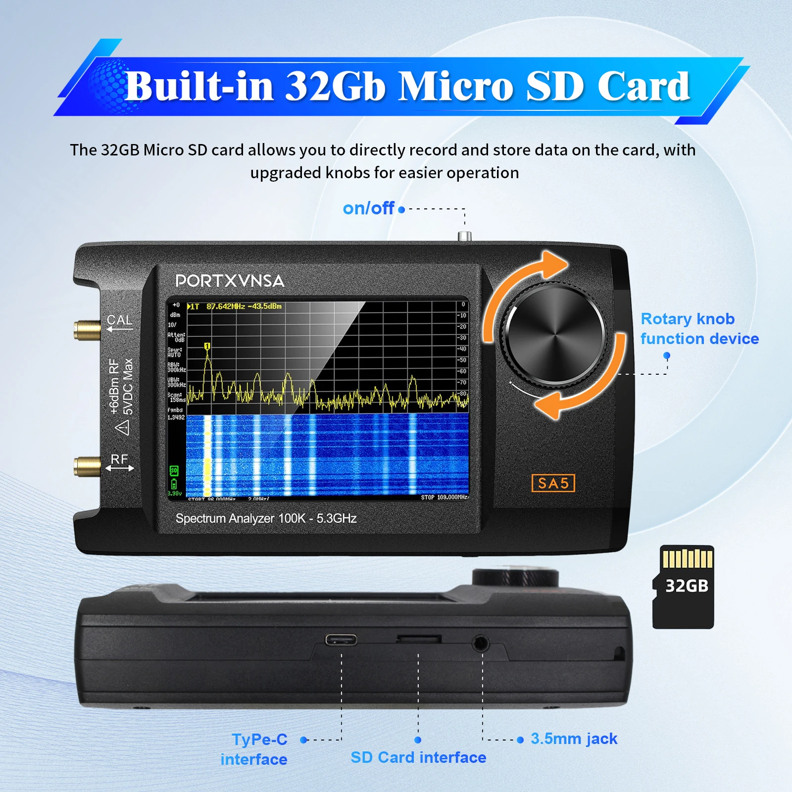 PORTXVNSA SA5 휴대용 스펙트럼 분석기 100KHz-5.3GHz 신호 발생기 4인치 IPS LCD RF 주파수 테스터 도구 내장 20dB