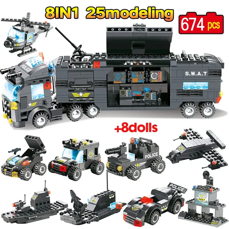 

8 in 1 Military WW2 City Police Station Car Headquarters Building Blocks SWAT Truck Figures Bricks Toys For Kids Gifts