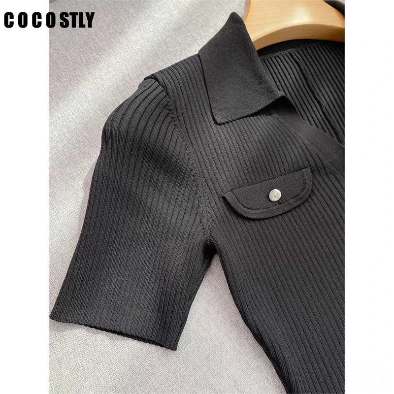 

COCOSTLY 2024 Spring Summer New Fashion Pocket Knit Mini Dress Women Elegant Black Short Sleeve Slim Polo Collar Robe Female