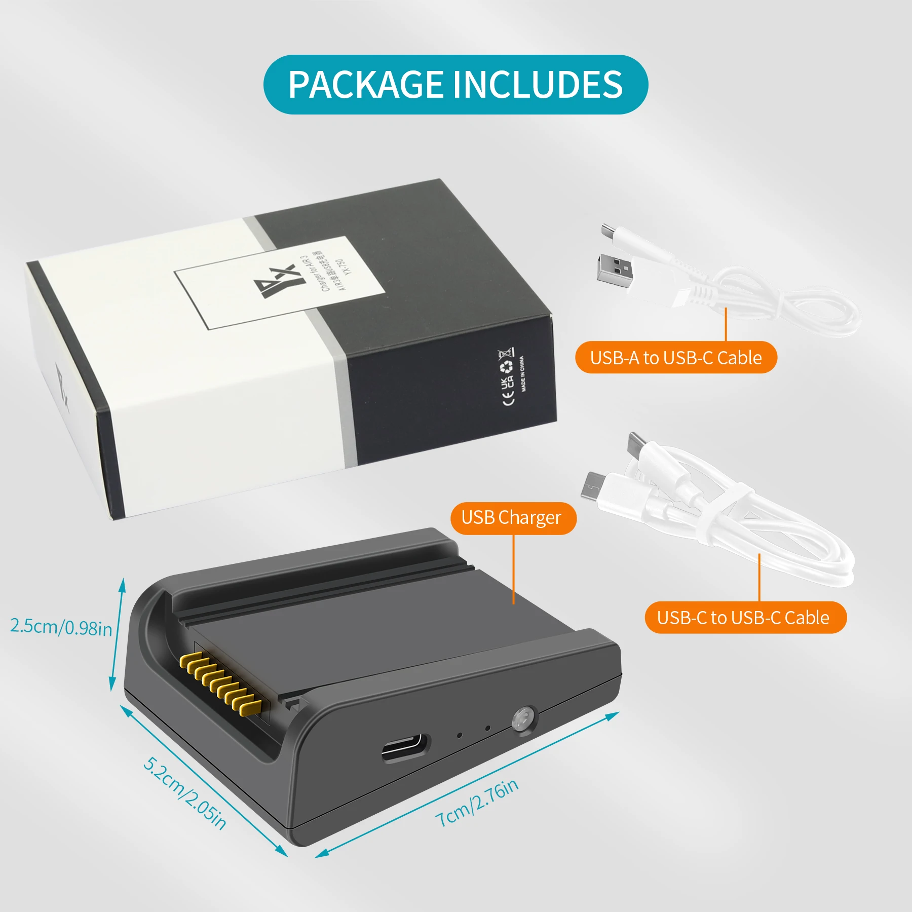 Chargeur 65W/100W USB-C pour DJI Air 3 posé à côté d'une batterie, montrant la compatibilité.