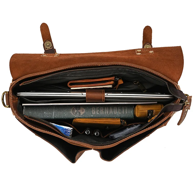 Men's Messenger Bag Crazy Horse Leather 15-16 inch Cowhide Commuter Bag Genuine Leather Shoulder Bag Handheld Computer Bag