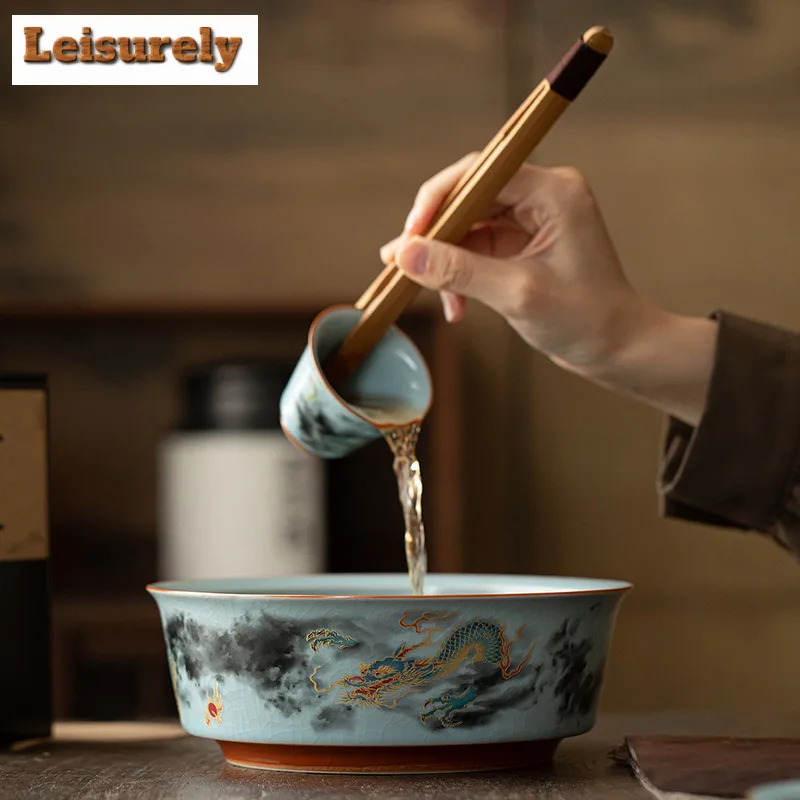900ml Ru Kiln Auspicious Dragon Jianshui Tea Wash Bowl Tea Residue Bucket Household Chaxi Drinkware Accessories Decoration Craft