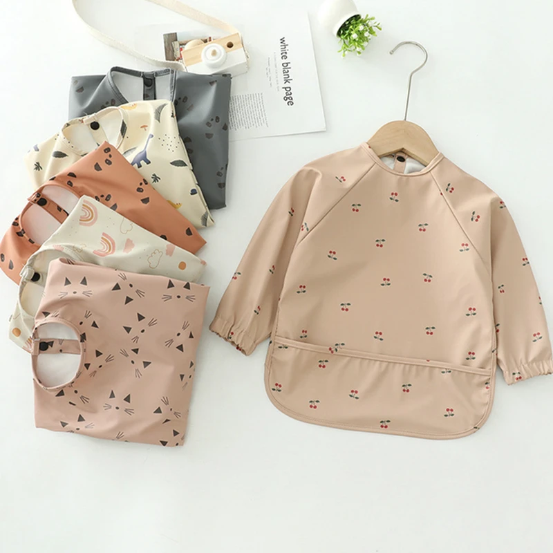 

Easy Wear Baby Bibs Burp Cloths Waterproof Long Sleeve PU Bibs Painting Waterproof Meals Protection Washable Easy Clean