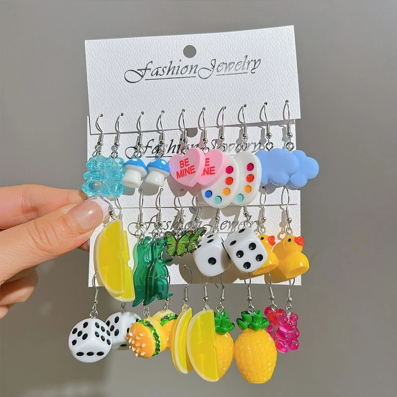 Cute Cartoon Animal Fruit Earring Set For Women Girl Simulated Resin Acrylic Food Drink Icecream DIY Dangle Earring Jewelry