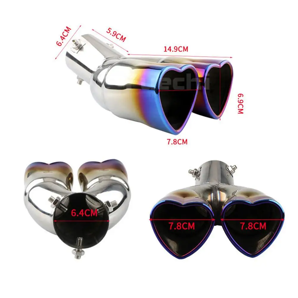 Car Double-pipe Tail Throat Heart-shaped Exhaust Tail Pipe Muffler Stainless Steel Outlet Muffler Tip Pipe Tail Throat