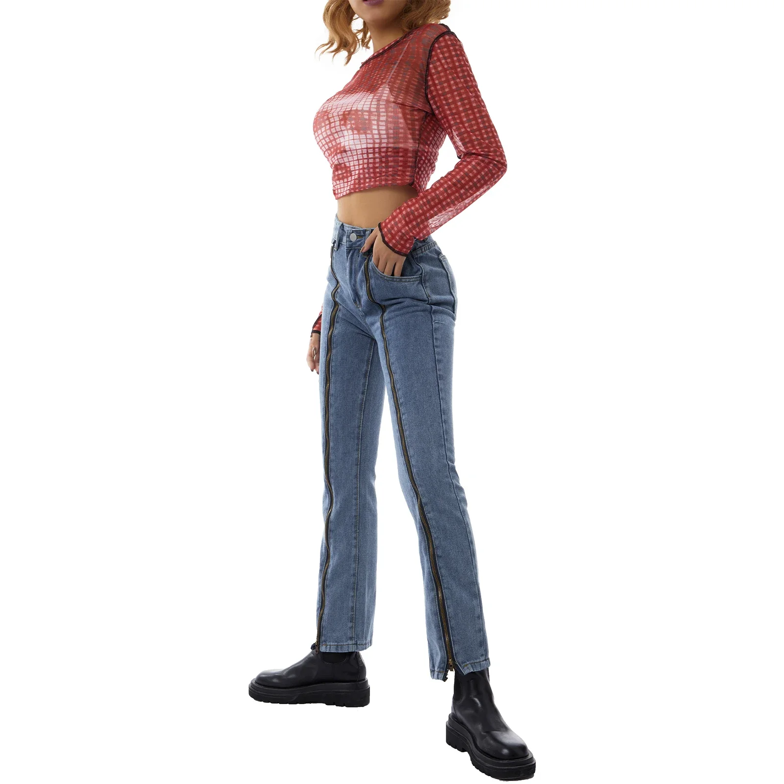 2024 Women New Clothing Pocket Button Denim Jeans Zipper Metal Split Hem Middle Waist Casual Party Street Loose Sliming Pants