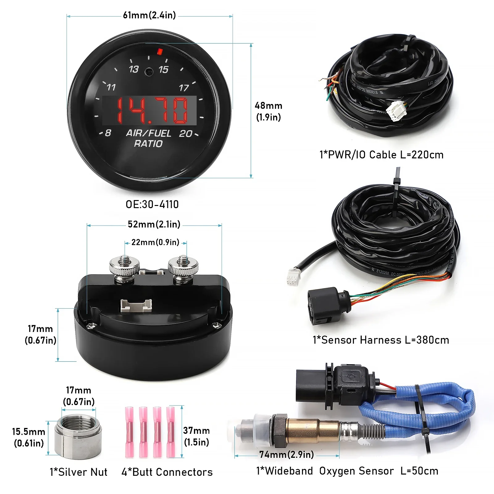AEM 30-4110 Wideband Gauge Controller – 2 1/16" 52mm AFR Air/Fuel Ratio O2 Gauge