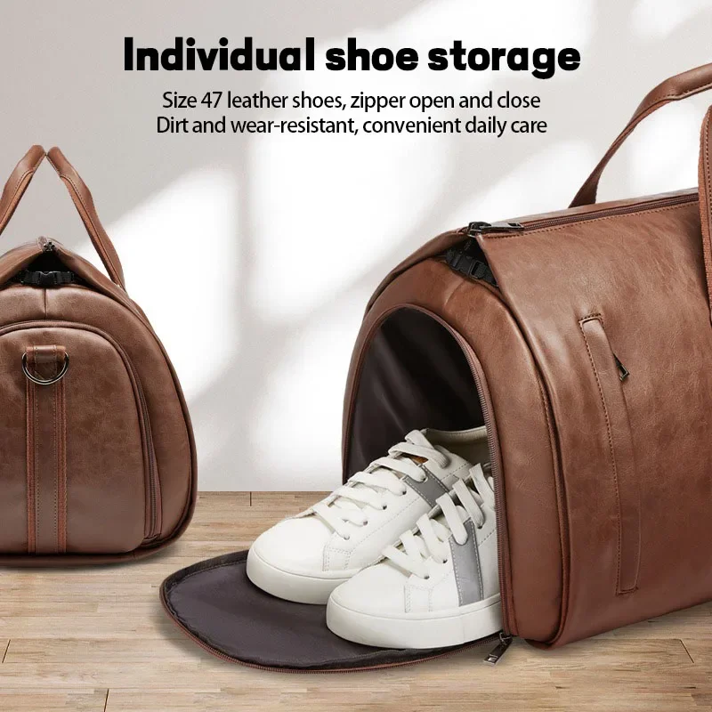 Leather Duffle Bag Adjustable Strap Shoulder Handbag Waterproof Extra Large Weekender Bag with Shoes Compartment for Hiking Trip