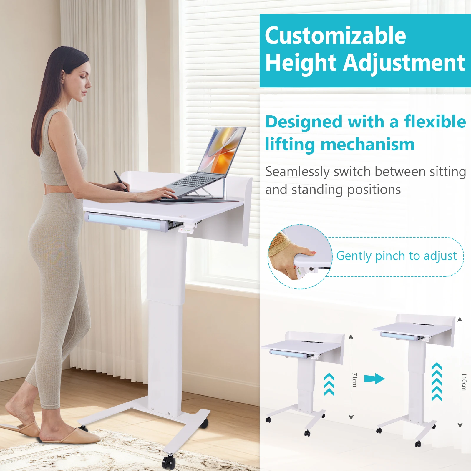 Mobile Metal Lectern with Wheels Adjustable Height Reception Desk Office Conference Lectern Table for School Office Home