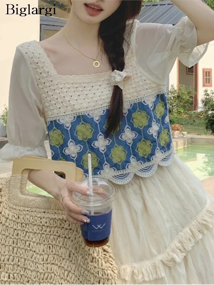 

Топ женский шифоновый джинсовый в стиле пэчворк, модная укороченная блузка с квадратным вырезом, с вышивкой, милый корейский стиль, на лето