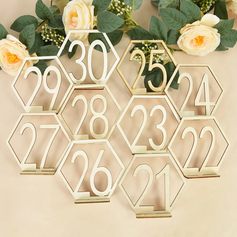 1-40 Wooden Table Numbers Hexagon Shape with Holder for Wedding Engagement Birthday Party Table Decor Digital Wooden Sign
