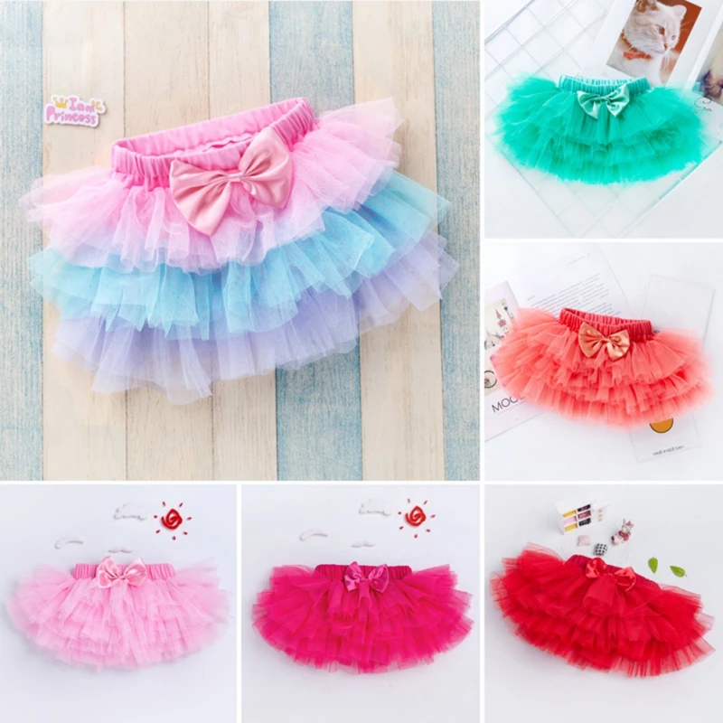 Baby girls tulle tutu bloomers infant newborn six-layer mesh bow princess short skirts girls skirts rainbow baby skirt 0-3Y