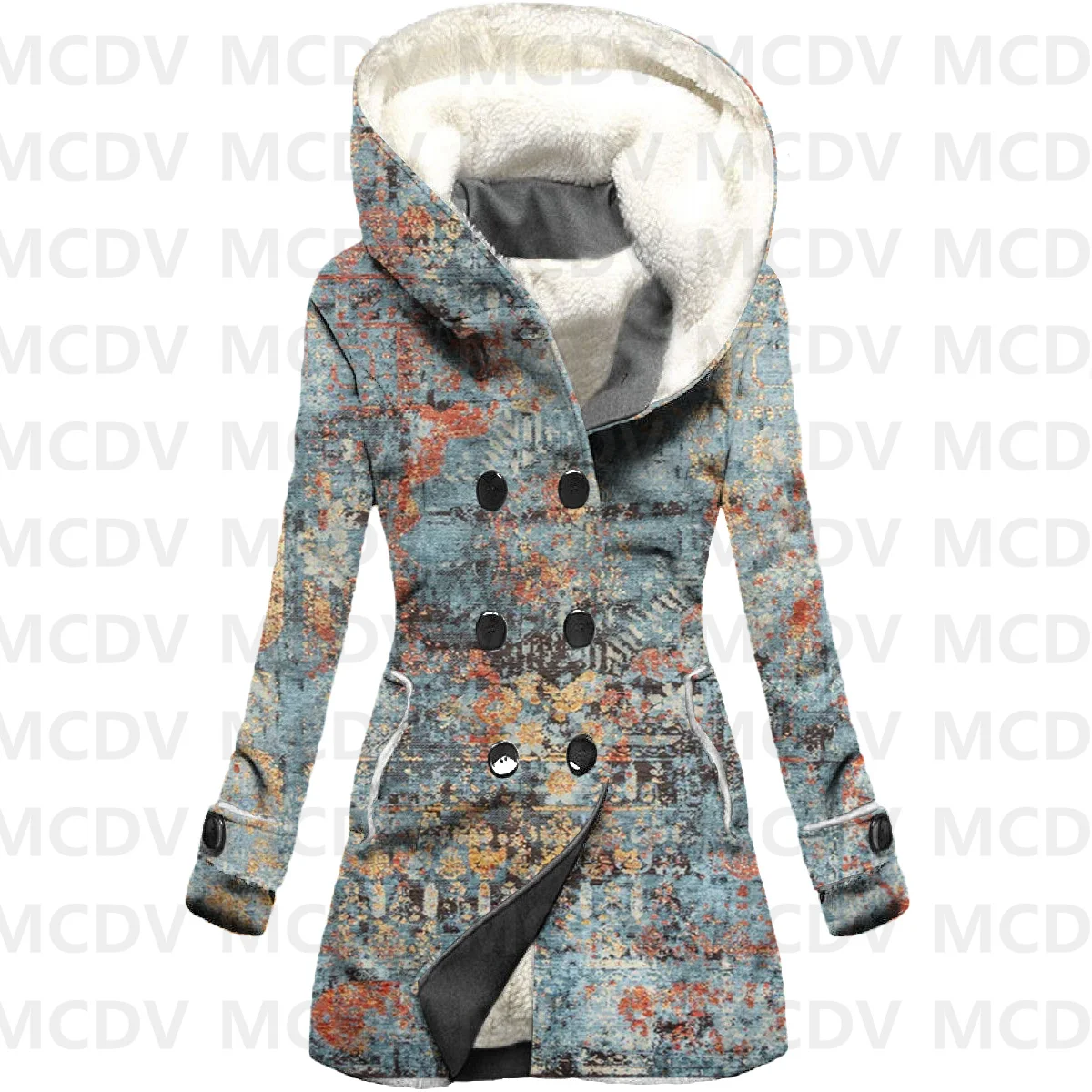 Retro Totem 3D Printed Fleece Hooded Cloak Women Thick Warm Coat Women's Winter Warm Overcoat Casual Clothes 06