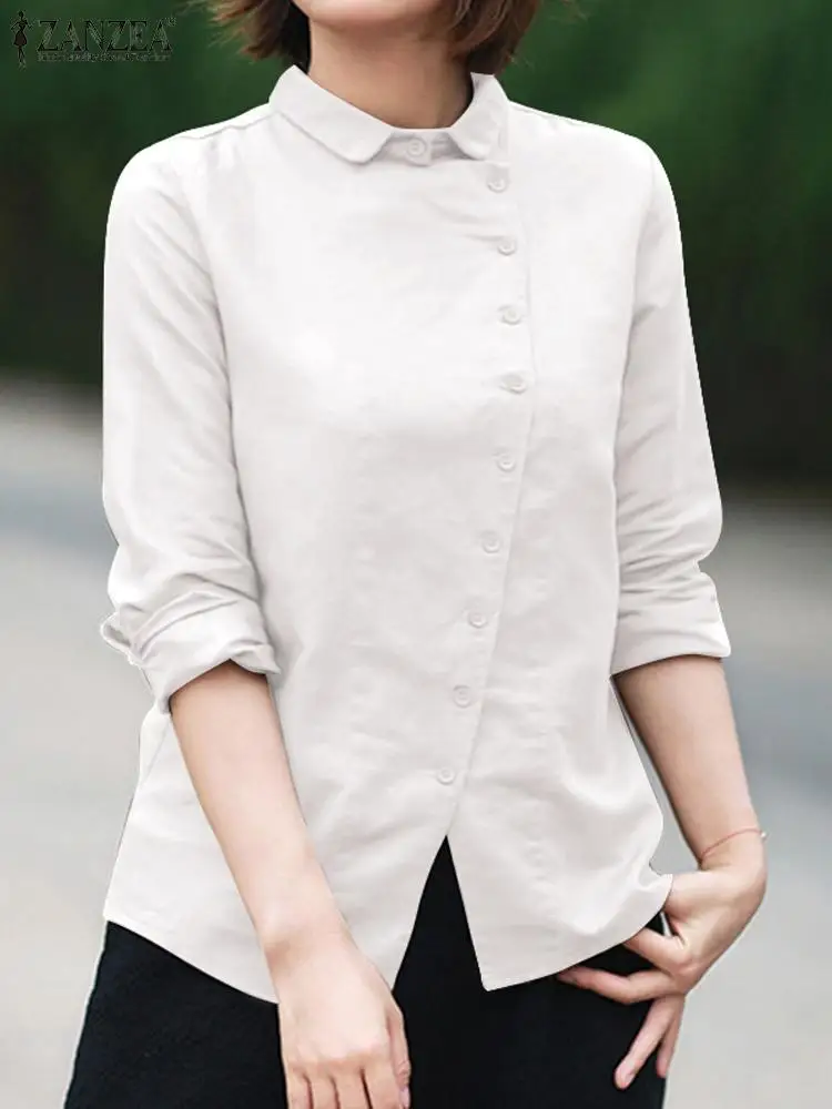 

Осенняя модная Однотонная рубашка ZANZEA, Женская Повседневная Уличная туника, топы, блузка с длинным рукавом и воротником с лацканами, элегантная офисная рубашка