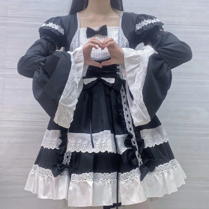 Lolita Tail Swallow Dress Corset Cincher Lace Dress Maid Costume Women Gothic High Low Outfit Cotton Long Hem for Girls lolita dress lolita suspender dress lolita cosplay costumes