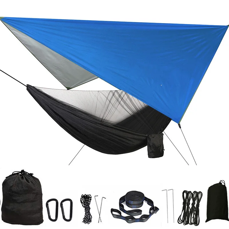 Camping Hammock Mosquito Net and Rain Fly Tarp Portable Tent Parachute Hammock with Tree Strap Indoor Outdoor Backpacking Travel 