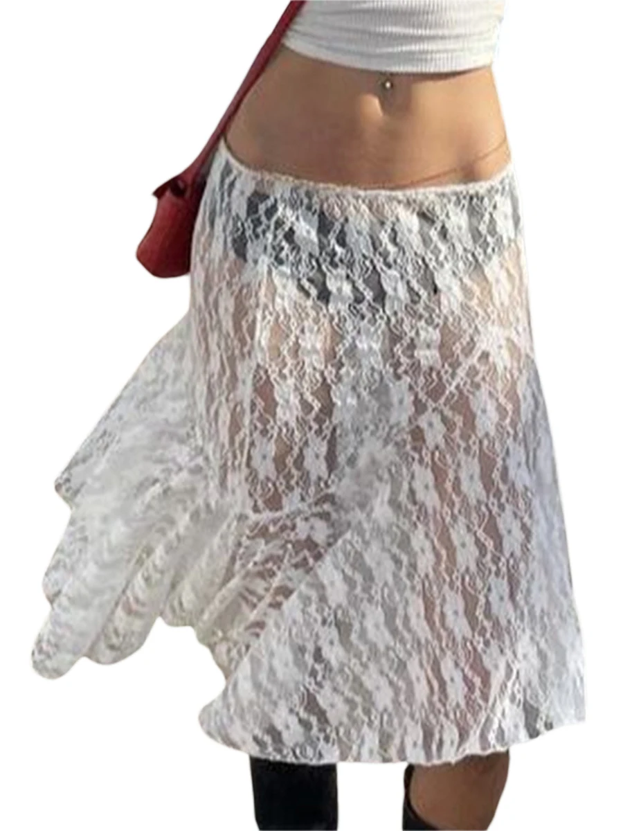 

Lace Skirt Women White See Through Floral Lace Low Waist Midi Skirts y2k Aesthetic Fairycore Beach Skirt Clubwear