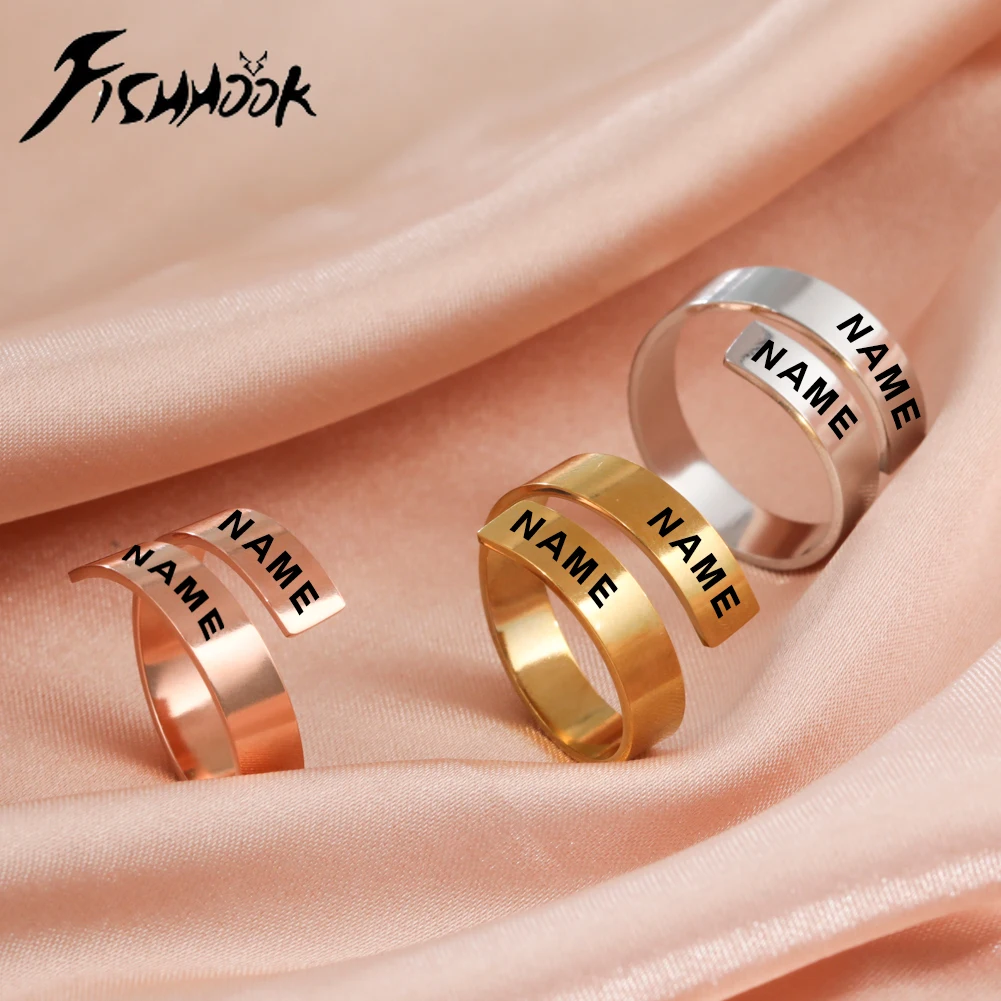 Fishhook Engrave Name Finger Ring Personalized Custom Couple Gift for Woman Men Silver Color Gold Color Stainless Steel Jewelry