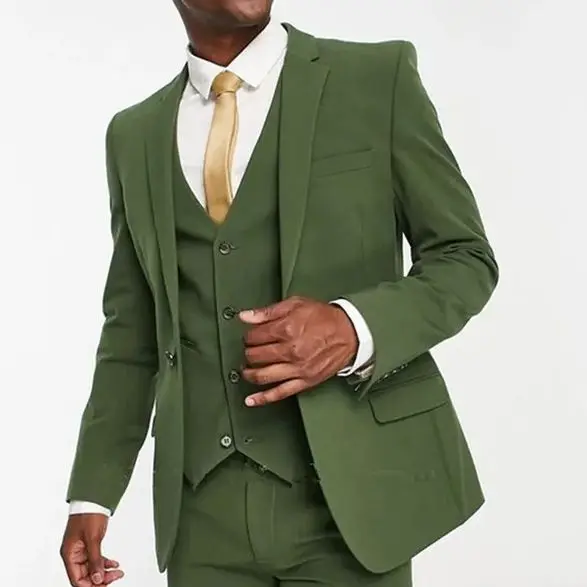 New Arrival  Green Male Suits Costume Homme Notched Lapel Groom Tuxedos Formal Business Slim Fit Men Suits 3 Pcs Blazer Vest