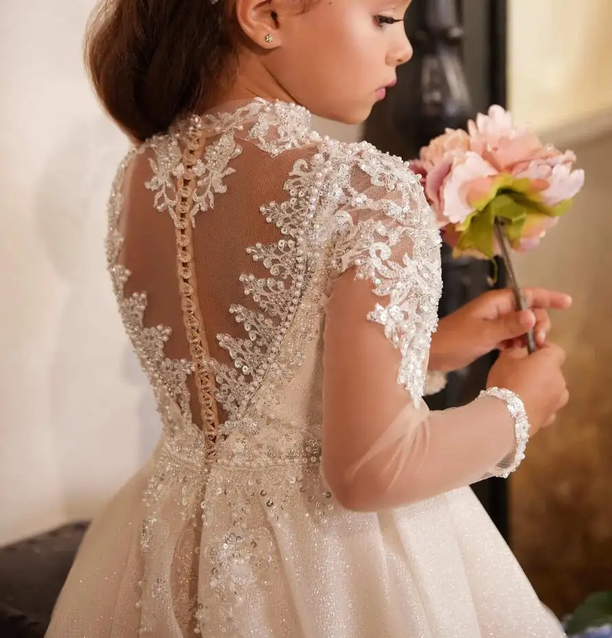 Vestido de florista brilhante para casamento, lantejoulas inchadas com renda, manga cheia, festa de aniversário infantil, vestido de primeira comunhão, novo