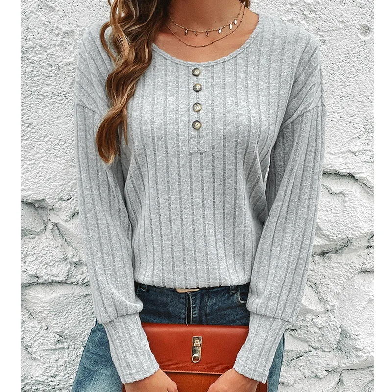 

Autumn New Elegant Fashion Vintage Pullover Women Trendy Solid Color Round Collar Button Long Sleeve Stripe Loose Casual Sweater