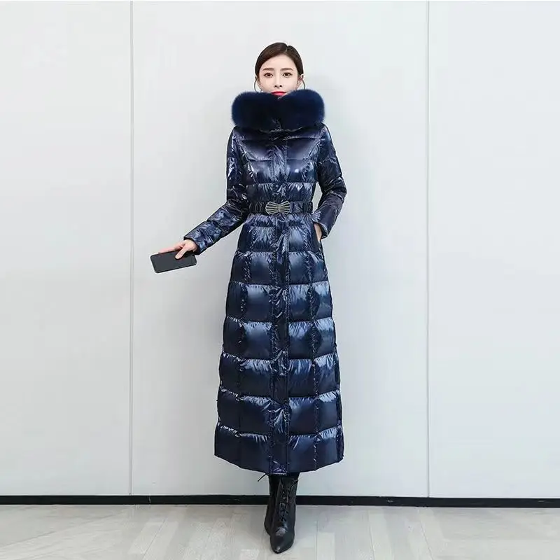 2023 New Women Down Jacket Winter Coat Female Extended Version Parkas Slim Fit Thick Outwear Hooded Real Fur Collar Overcoat