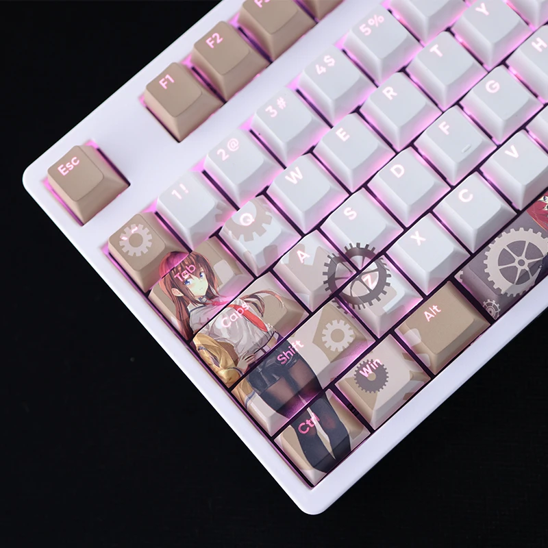 Chaves Conjunto Steins Gate Makise Kurisu Keycap Pbt Tintura Subbed Backlit Keycaps Anime Gaming Key Caps para Ansi 61 87 104 108 108 - Imagem 5