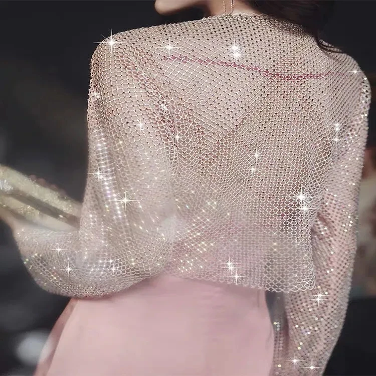 

Shiny Diamonds Beading mesh hollow out open stitch lady Temperament Slim summer party club short coat bling crop top cardigan