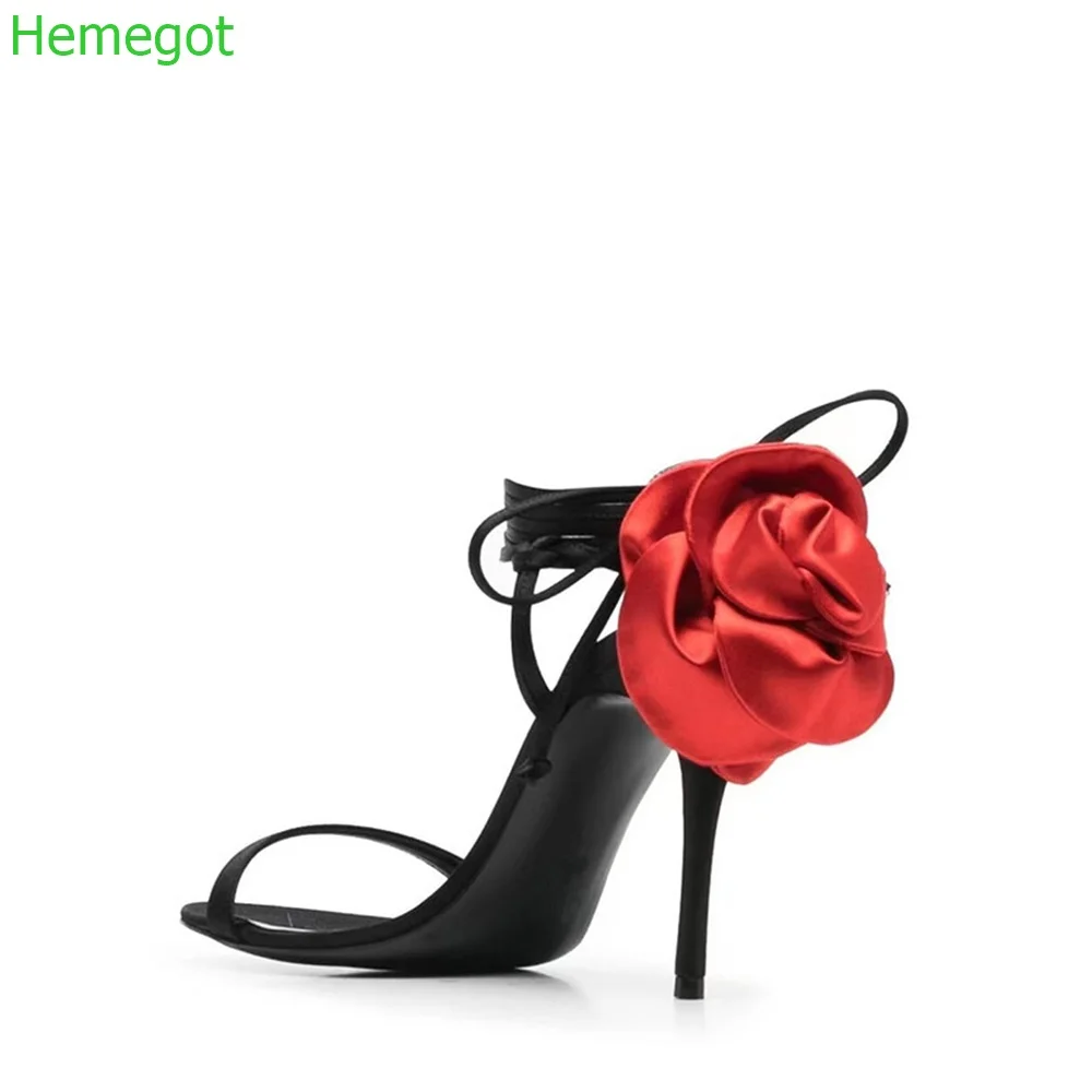 

Rose Flower Satin Fashion Sandals Open Toe Winding Strap Stiletto Heels 2024 Summer New Banquet Custom Plus Size Women Pump