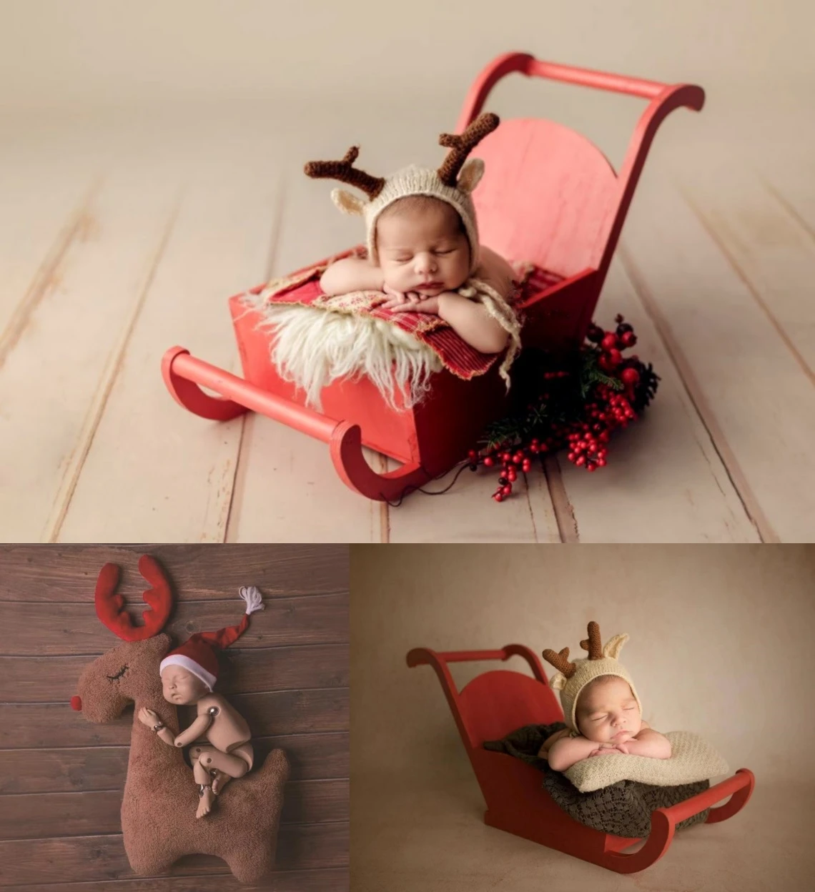 

Dvotinst Newborn Photography Props Wooden Red Christmas Sled Car Trolley Baby Posing Deer Accessories Studio Shooting Photo Prop