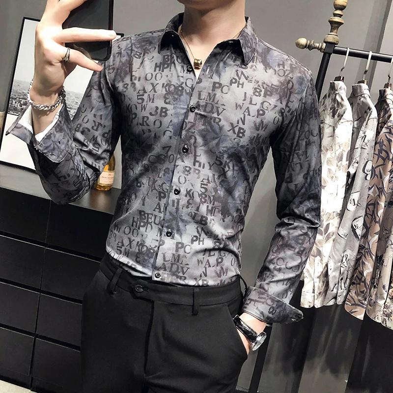 

Vintage Letter Printed Shirt Men Long Sleeve Slim Fit Business Casual Streetwear Men Shirts Button Down Retro Camicia Uomo V505