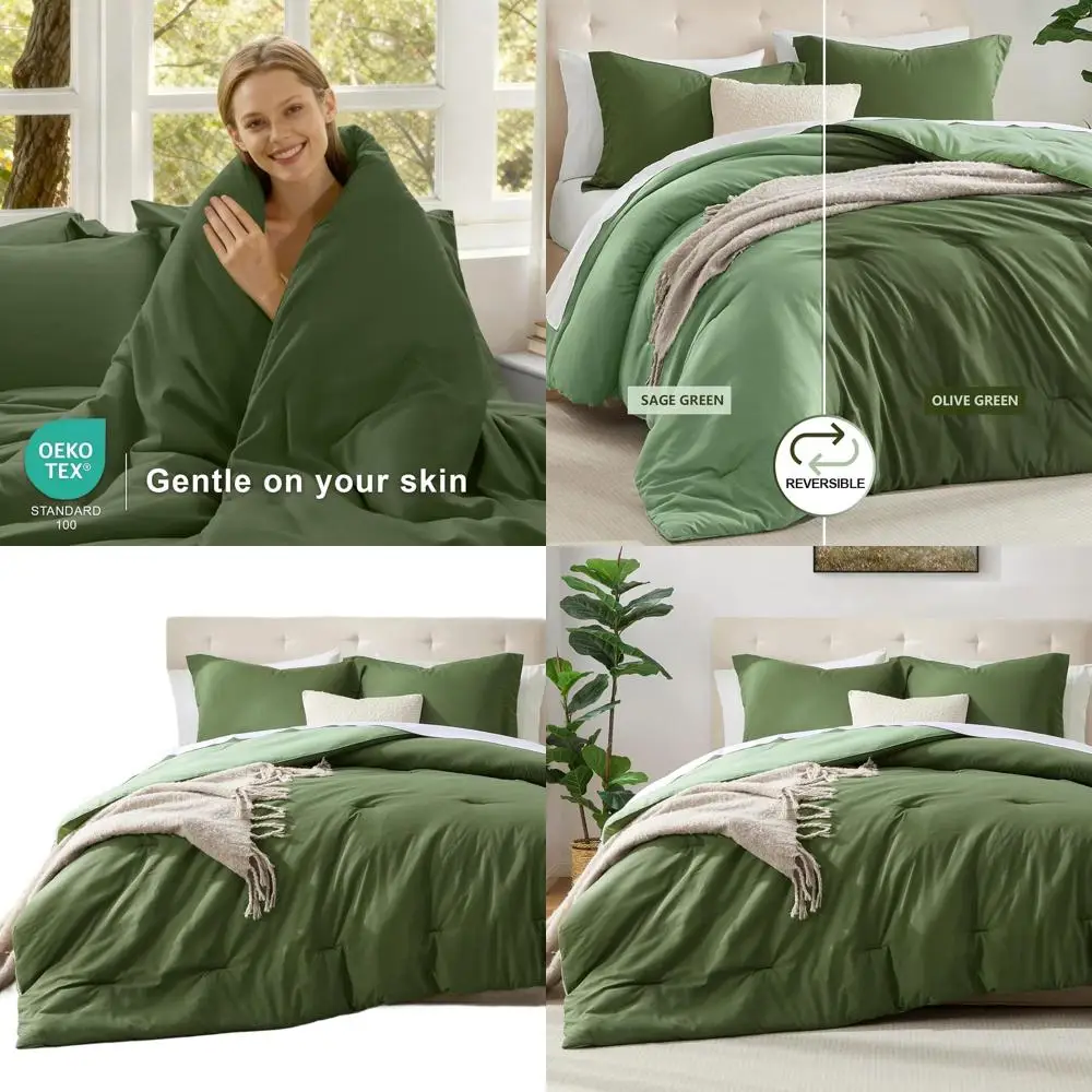 Full Size 3-Piece Green Queen Comforter Set - Hypoallergenic Down Alternative Bedding