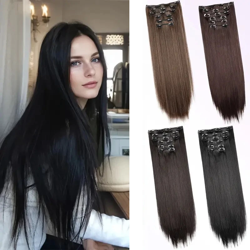 Hair Extensions WIGSIN Synthetic 6pcs/set Long Straight Clip-in Invisible Seamless Extension Black Brown Hairpiece for Women