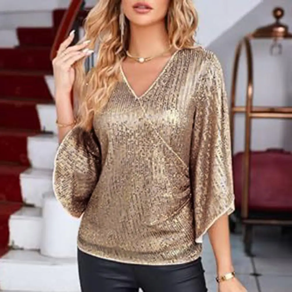 

Women Glitter Shirt Elegant Sequin Embellished V-neck Blouse for Women Stylish Three Quarter Sleeve Top with Hollow Out for Prom