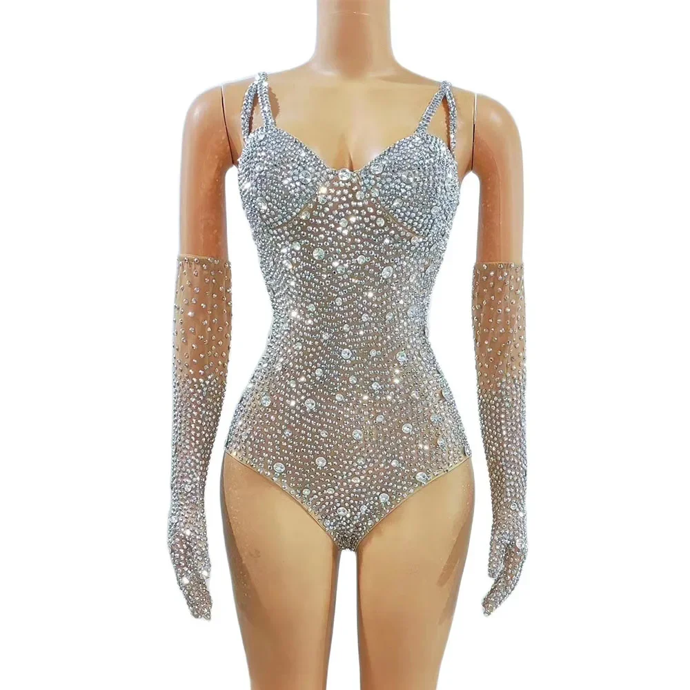 

Luxurious Rhinestones Leotard Gloves Women Party Birthday Nightclub Bodysuit Sexy Mesh Performance Dance Costume Stage Wear