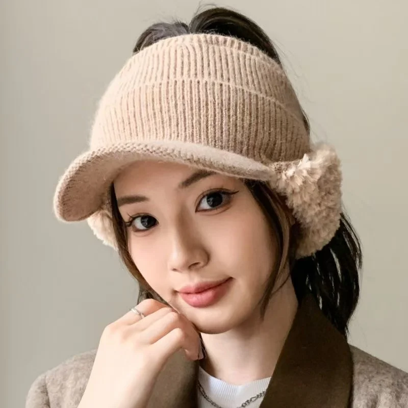 Hot Sale Women Warm Visor Hat With Earflap Fashion Plush Fur Knitted Hat Soft Winter Beanie Hats Female Streetwear Ponytail Cap