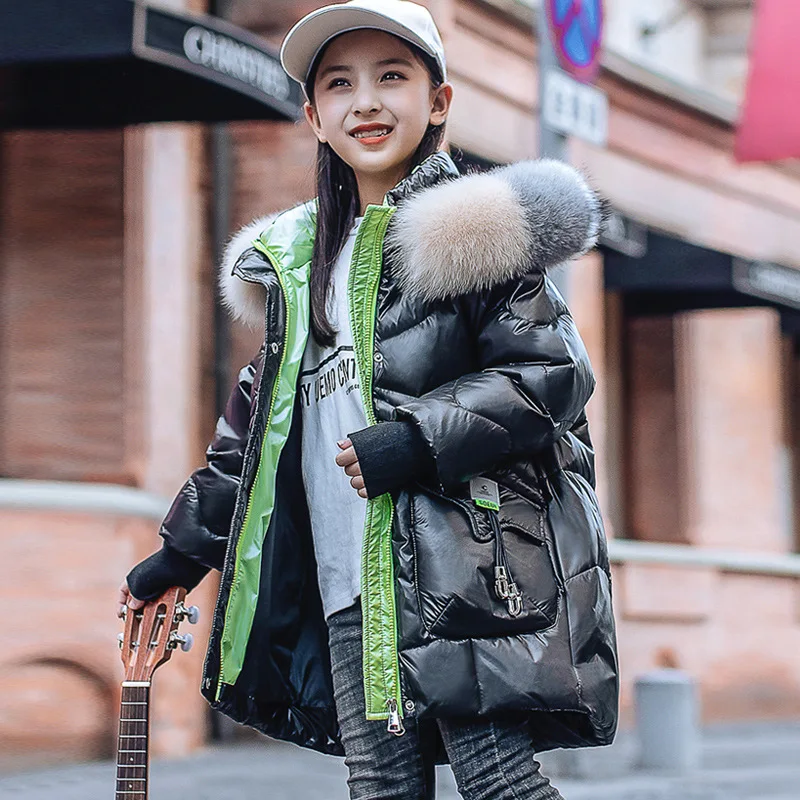 

Children Girls 90% White Duck Down Jacket Kids New Winter Fur Collar Hooded Thicken Warm Feather Long Parkas Outwear y763
