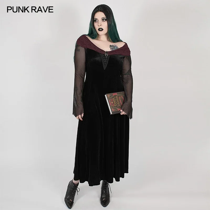 

PUNK RAVE Feather Horizontal Neck Dress Size Women Elastic Velvet Perspective Mesh Gothic Dresses Red Jacquard Water Drop Brooch