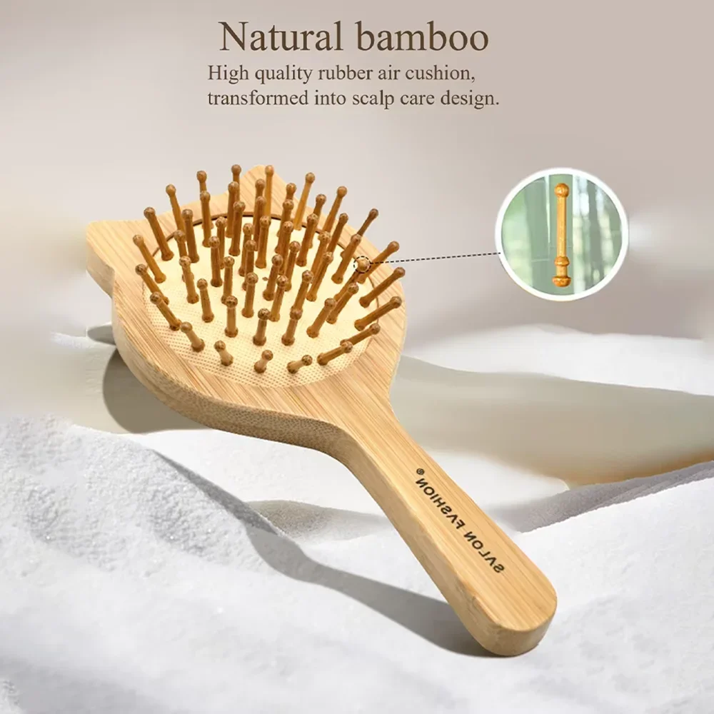 Eco-Friendly Bamboo Hair Brush – Natural Wooden Anti-Static Scalp Massager with Air Cushion Design for Effortless Detangling