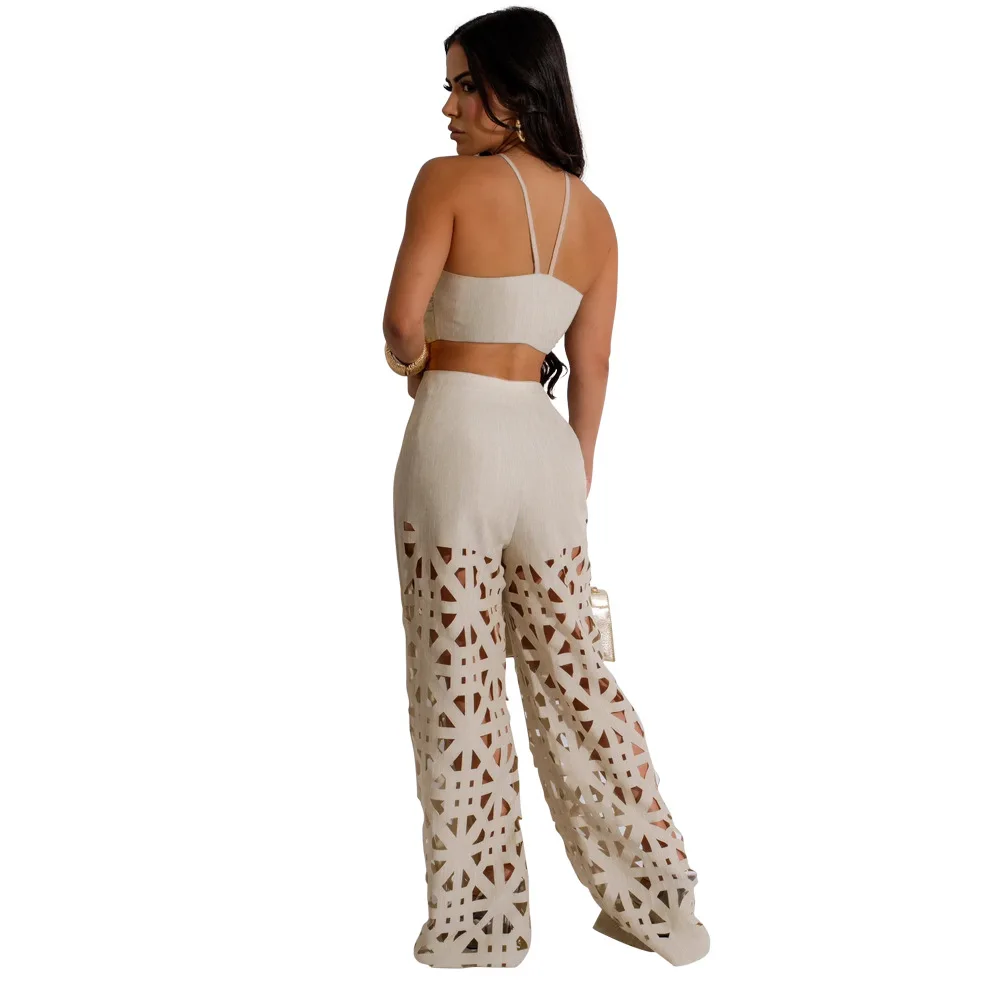 Soild Casual Two-piece Set  for Women 2024 Summer Fashion Sexy Halter Camis Crop Top Hollow Out Wide Leg Pants Streetwear