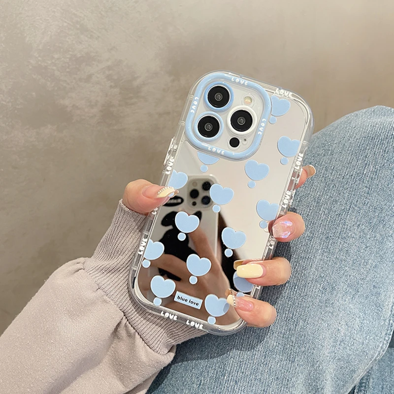 Korean Blue Love Heart Makeup Mirror Phone Case for iPhone