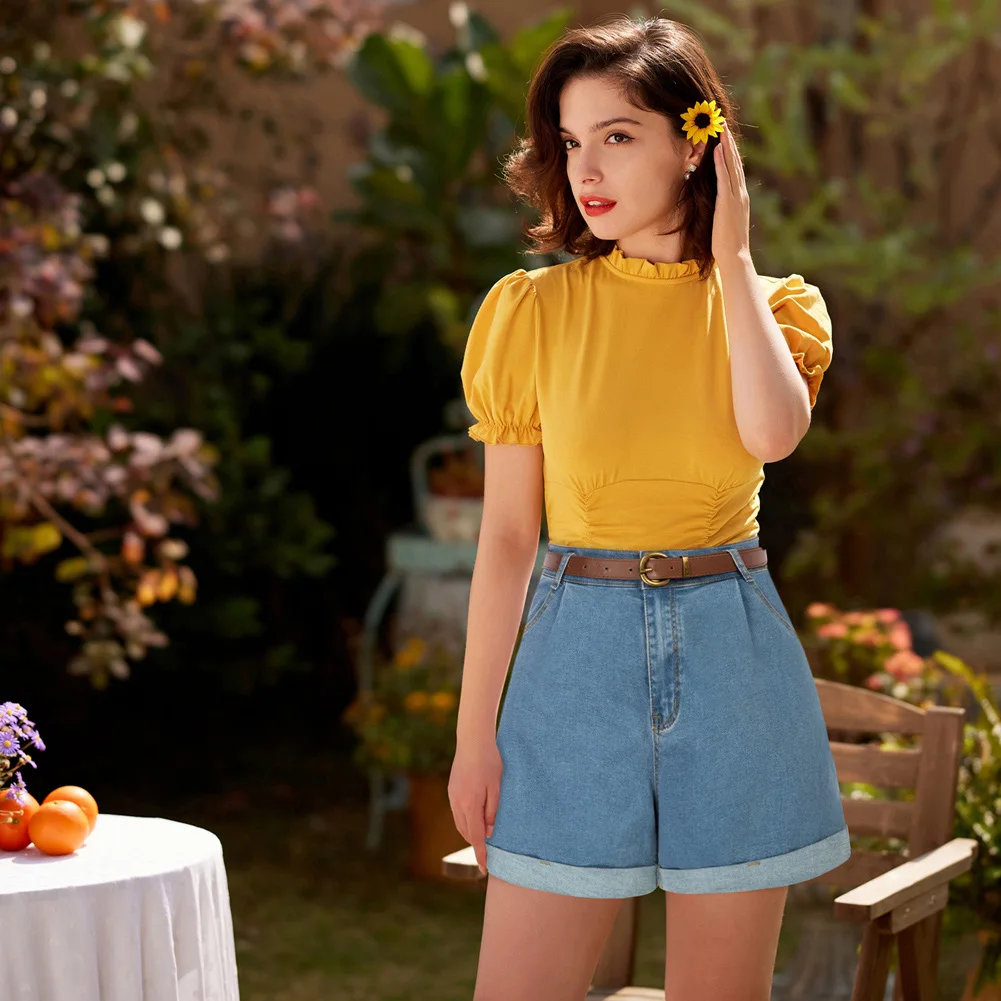 BP Women Retro Short Jeans With Belt High Waist Fold Over Leg Opening Shorts Casual Loose Denim Shorts Streetwear A30
