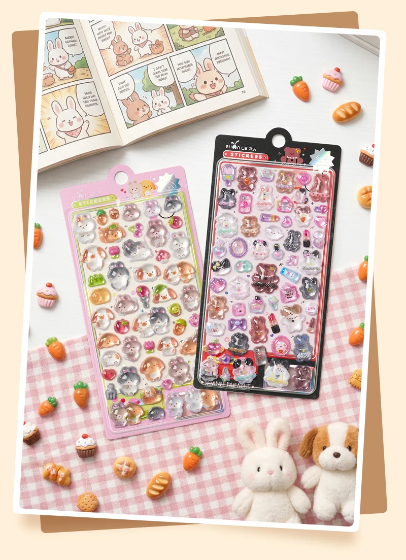 1 pc/4 pcs Cartoon Friend Bear Rabbit Drop 3D Stickers Scrapbook Decor Stationery DIY Journaling Sticker School Office Supplies